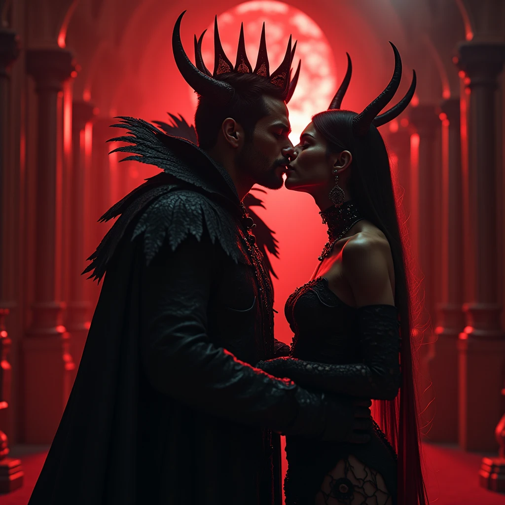A dark, symbolic scene depicting a man and woman influenced by the Jezebel spirit. The man has a cold, controlling expression, with shadows and serpents coiling around him. His eyes faintly glow with a manipulative light. The woman, dressed in sinister, regal attire, has a haughty, cunning look, her eyes glowing red. Ghostly hands reach from the shadows around her, symbolizing control. Both figures emanate an eerie glow, set against a stormy, lightning-filled sky, representing their spiritual co