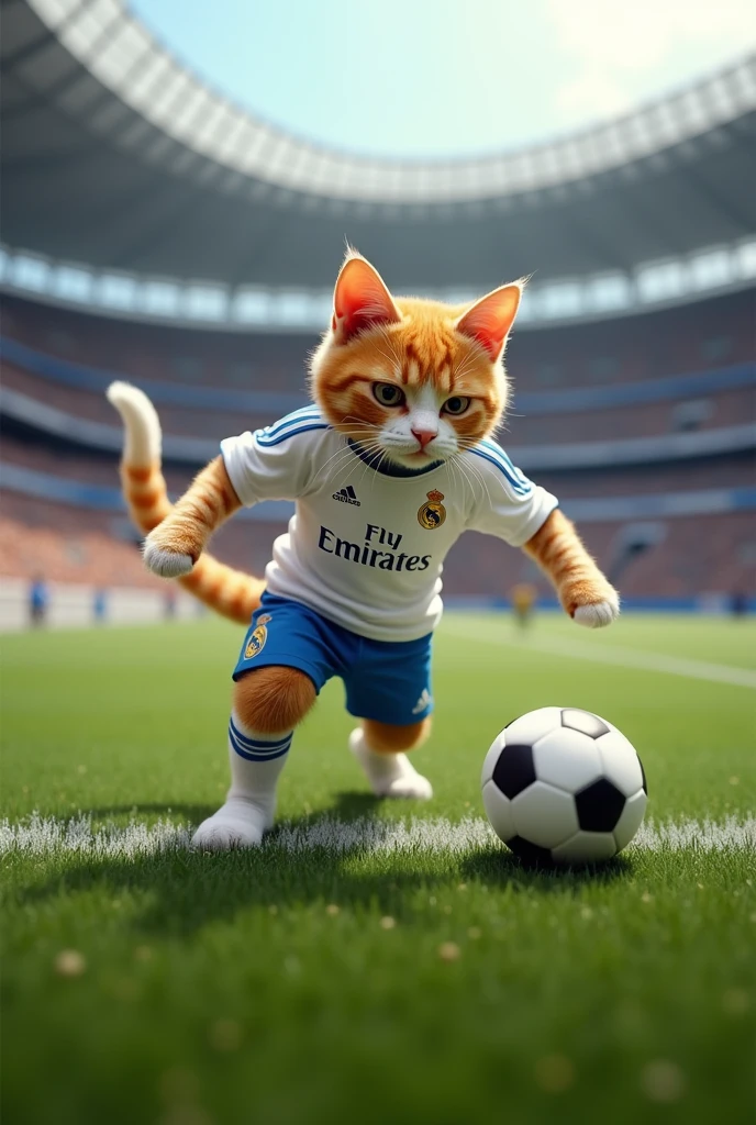 Cat is playing football with the uniform of Real Madrid in Santyago Bernabeo