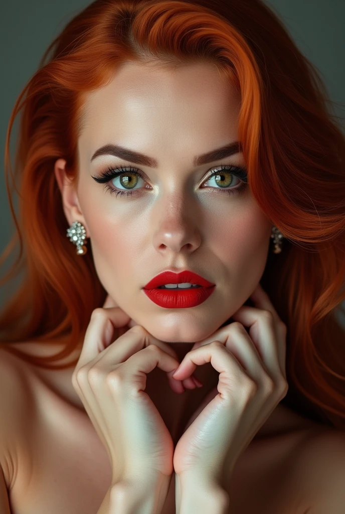 close-up, extreme close-up, close-up portrait, portrait, close-up on her lips, ultra realistic, photography, elegant long red hair, (30 years old, green eyes, hourglass figure, perfect body, natural medium breasts), firtatious look, glossy shiny red lipstick, femme fatale, she is a sex icon, she is a sex goddess, long eyelashes, cat-eye make-up, focus on her lips, highlight her lips, she has her hands on her neck and her head slightly leans backwards, her eyes focus the camera and her lips are slightly parted, wearing diamond jewelry
