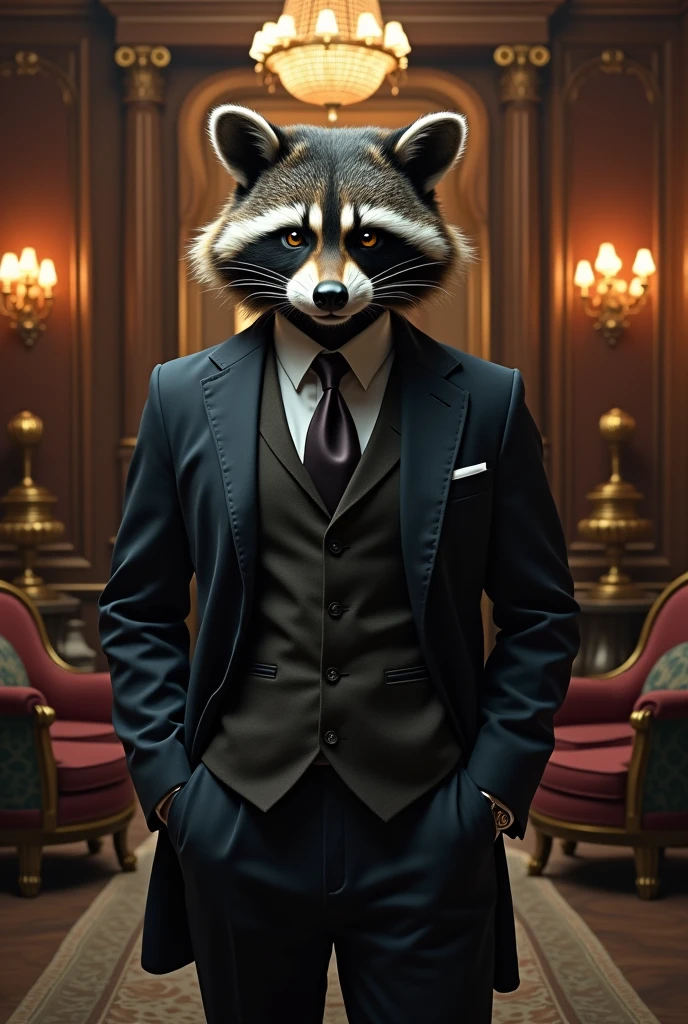 a humanoid raccoon in high finesse attire,70s noir style art,with a backdrop of a luxury mansion
