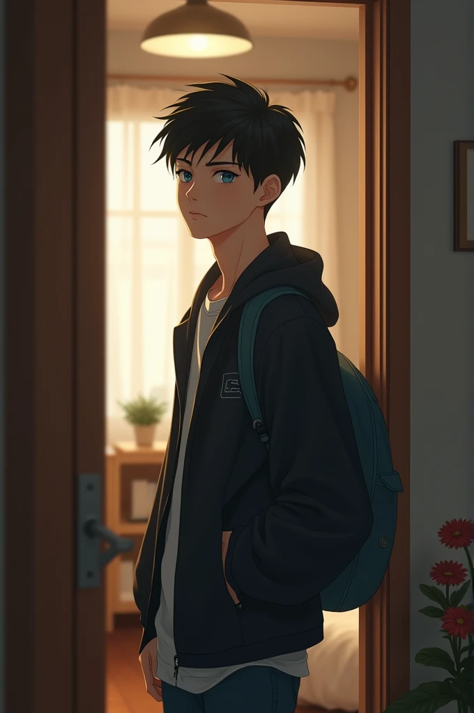 A 1 guy, highschool/University student, handsome, black hair, pale skin, blue eyes, standing in a door room