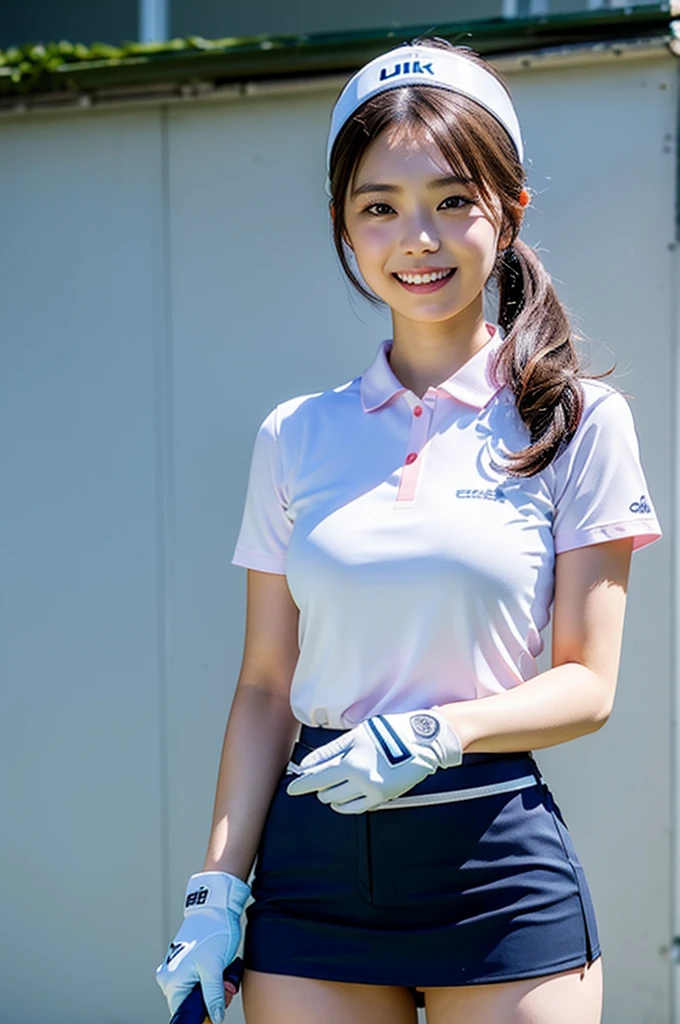 Highly detailed CG Unity 8K wallpapers, With the highest quality, Very detailed, masterpiece, Realistic, Realistic photos, Very detailedかわいい女の子,  alone、thin,  (Golf Wear) , (Golf Mini Flare Skirt) , (Wearing golf gloves)、smile , thin body, Large Breasts、Viewers watch, Full Body Shot , Golf course , Sun visor,  ponytail,Japanese women、light makeup、