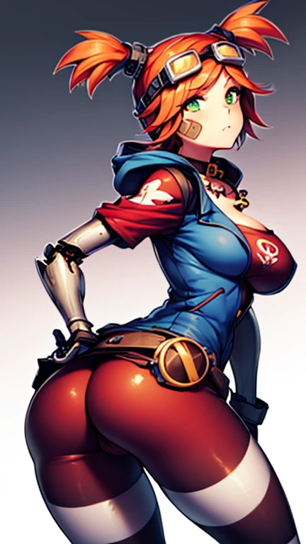 1girl, large breasts, twintails, freckles, single mechanical arm, goggles on head, bandaid on face, choker, gloves, belt, shirt, striped pantyhose, hood, necklace, torn clothes, large ass, front view 