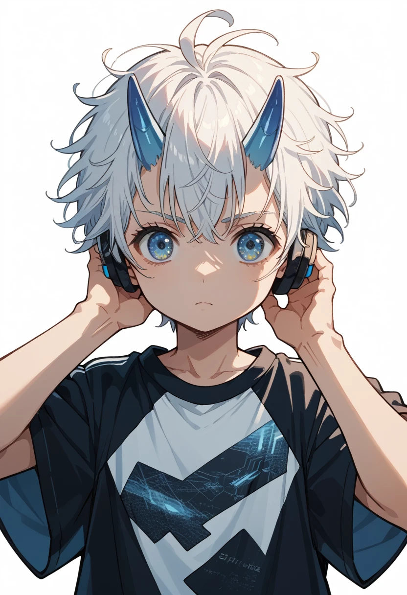 2d, young boy anime, white hair, blue-skies eyes, white background, render, UHD, light effect, anatomy correct, side pov, light, messy hair, many accesories, elegant, super detail, dynamic pose, gothic style, using headphone, white-blue t-shirt, blue horn, sunlight, character sheet, cyberpunk clothes