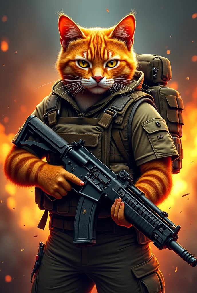 Create a gaming channel logo. It is an orange cat holding an Ak gun, with a scar on its eye, and a backpack.