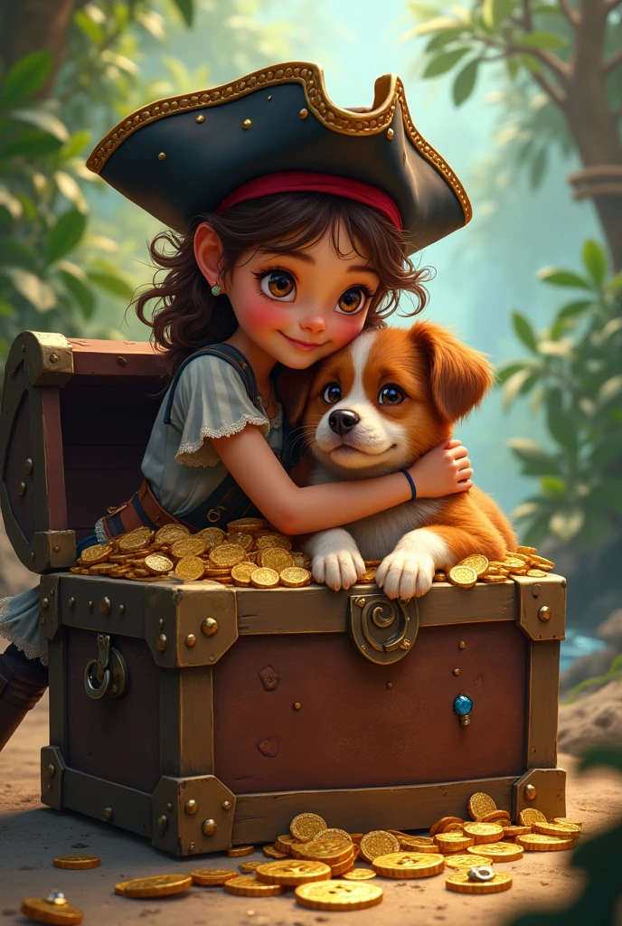 girl dressed as a pirate, dog in a treasure chest and girl hugging dog