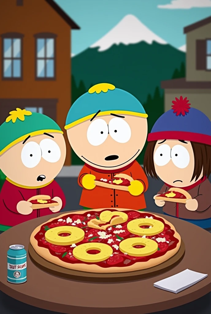 Generates several South Park characters eating pizza with pineapple