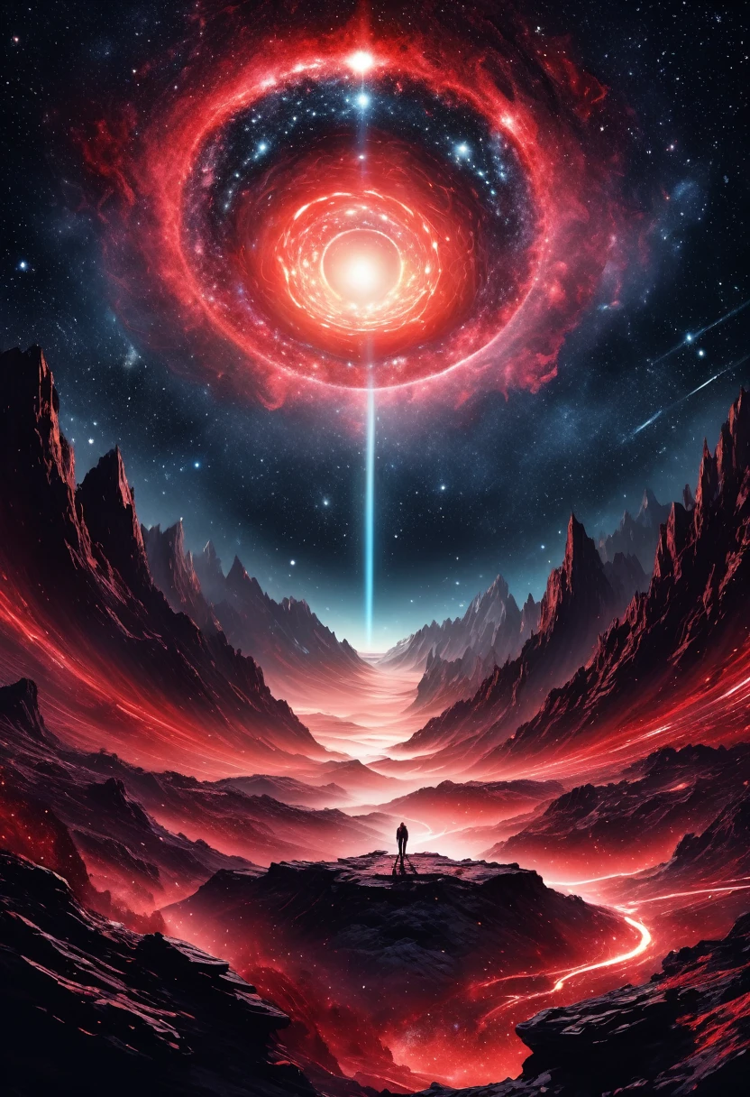 The Portal of the Unknown Dimension, ON TOP OF A MILLION-KILOMETER-HIGH MOUNTAIN INTO OUTER SPACE, DEEP SKY WITH GALAXY ONE TRILLION LIGHT YEARS qith black and red colour