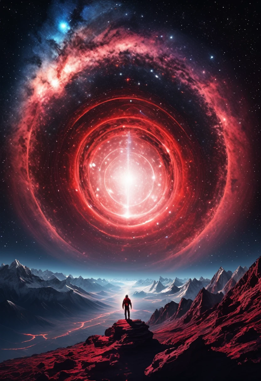 The Portal of the Unknown Dimension, ON TOP OF A MILLION-KILOMETER-HIGH MOUNTAIN INTO OUTER SPACE, DEEP SKY WITH GALAXY ONE TRILLION LIGHT YEARS qith black and red colour
