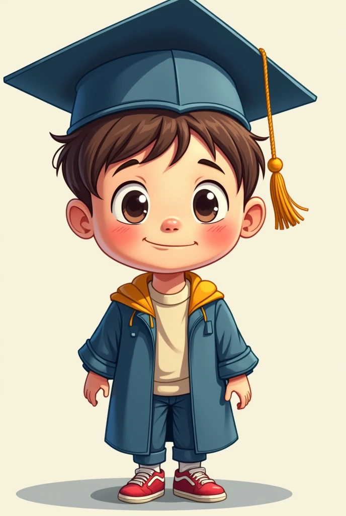 A cartoon boy wearing a graduation hat，The hat says &quot;ichthys&quot;。, This word is clear and easy to understand

