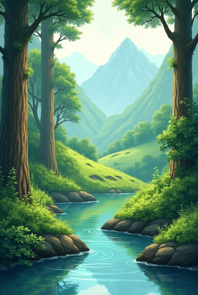 create an calm nature artwork that has all the elements of art such as space, line, color, form, texture and shape. explain each of this element.