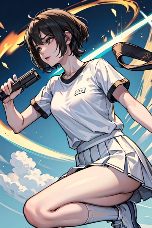 Highest quality、Ultra HD、One Woman、(Black short hair 1.3)、(White T-shirt 1.3)、(White sneakers 1.1)、(White pleated skirt 1.2)、((Shooting a gun 1.2))、(White knee-high socks 1.2)、(Boyish and well-proportioned face 1.2)、2 female、Toned body、(Evening city background 1.2)、((Clear and beautiful touch))