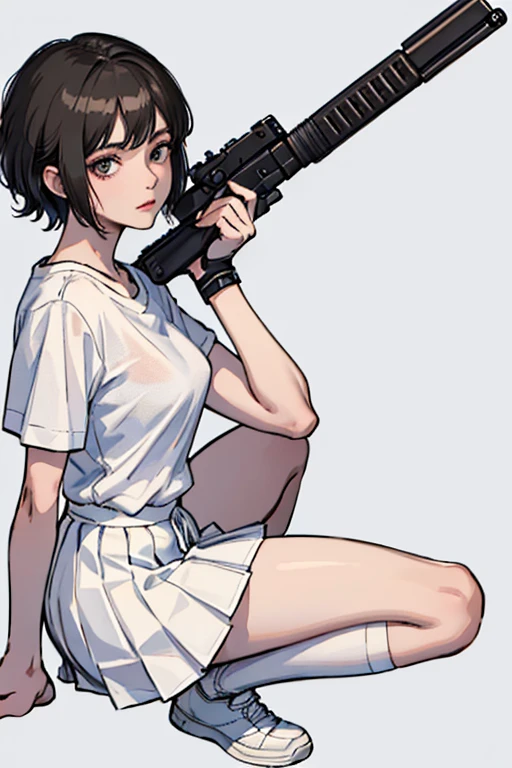 Highest quality、Ultra HD、One Woman、(Black short hair 1.3)、(White T-shirt 1.3)、(White sneakers 1.1)、(White pleated skirt 1.2)、((Shooting a gun 1.2))、(White knee-high socks 1.2)、(Boyish and well-proportioned face 1.2)、2 female、Toned body、(Evening city background 1.2)、((Clear and beautiful touch))