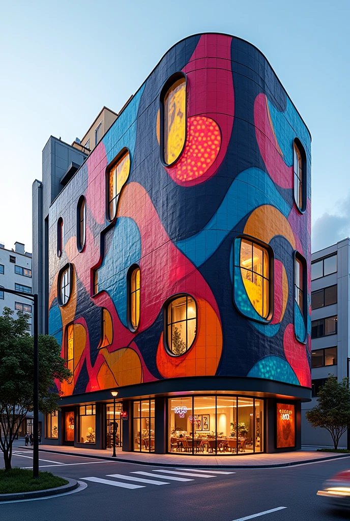 Aerial view of a building with a circular entrance and a street, to the , freddy mamani wild facade, commercial building, by Emilio Grau Sala, frontal image, academy, full - view, by Felipe Device, bispo do rosario, by Luís Miranda, outside view, outside view, photo realist, david rios ferreira