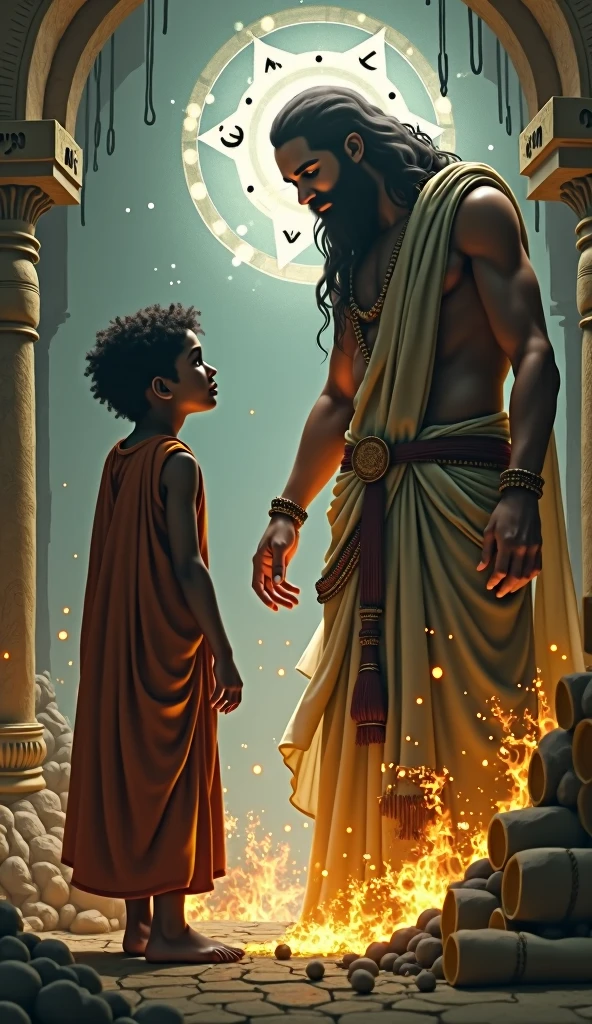 Nachiketa, with an expression of deep curiosity and yearning for wisdom, stands before Yama. Yama, appearing more contemplative now, looks at Nachiketa with a hint of a smile, as if impressed by the boy’s desire for knowledge. The background is filled with ancient scrolls and mystical symbols glowing faintly.