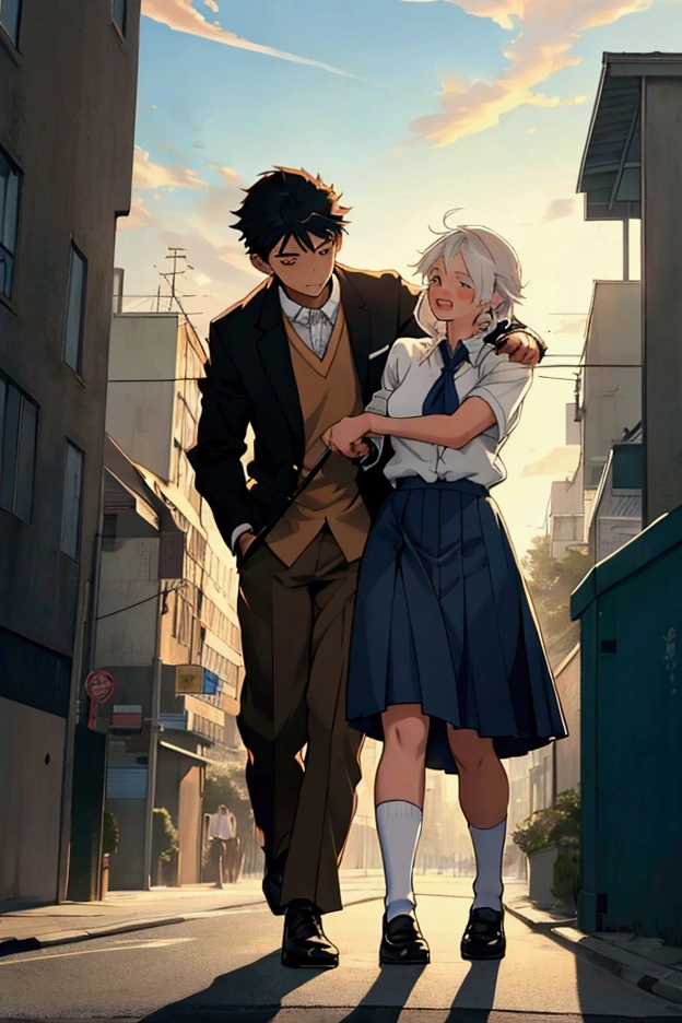 An anime-style image with a focus on a young boy assisting an elderly woman across a busy urban street. The boy is shown in a neatly pressed school uniform, carefully holding the woman’s arm as she walks with a cane. The background is filled with the movement of traffic and pedestrians, with tall buildings and a clear sky above. The lighting is warm, with the sun setting, creating a soft glow on the characters. The perspective is from a slightly low angle, highlighting the boy’s kind expression and the gentle guidance he provides.