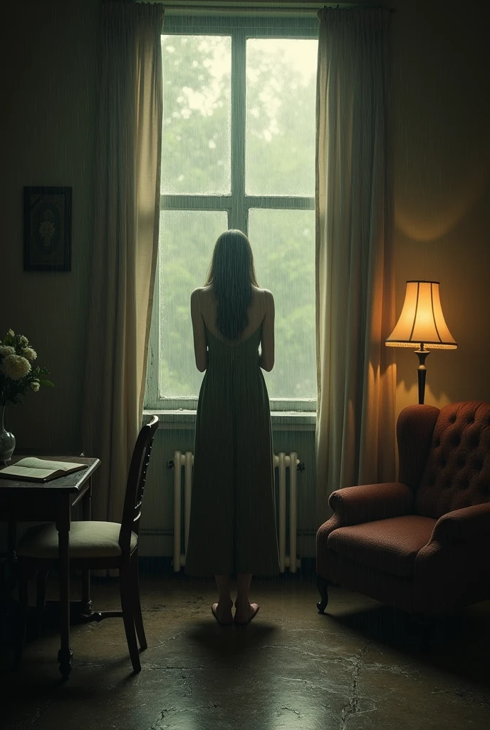 Create an image of a nostalgic and melancholic scene featuring a lone figure standing in an old, dimly lit room. The figure appears lost in thought, gazing out of a window with rain softly pouring outside. The room has vintage furniture, including an old chair and a table with an open book. A faint, warm light casts long shadows, giving the space a timeless and wistful atmosphere. The overall color scheme is muted, with shades of sepia, brown, and gray, reflecting the themes of unrequited love and the passage of time. The ambiance should evoke a sense of longing and the emotional weight of repeating the same mistakes in love.make an indian image 