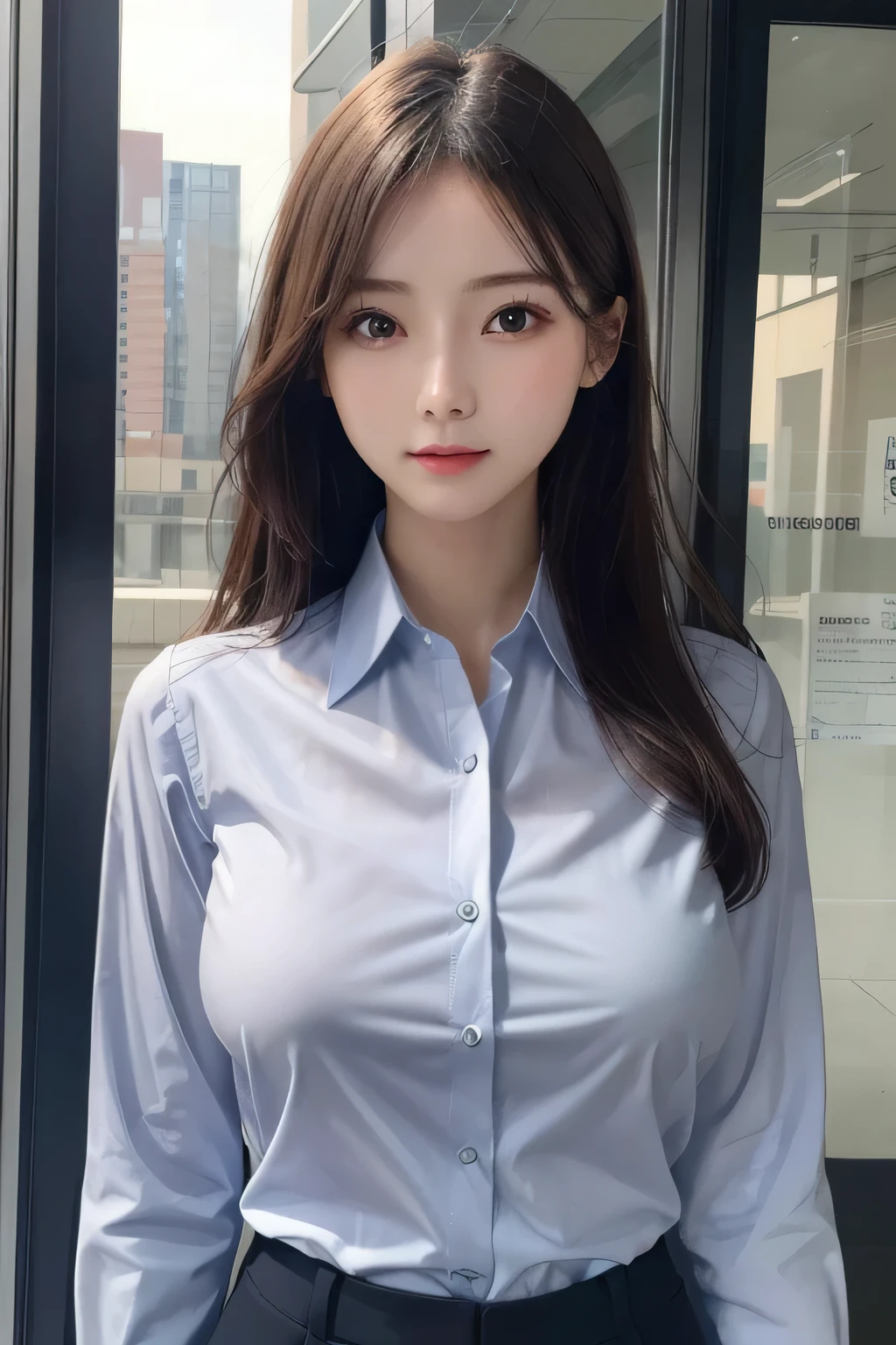 One Girl, 1 person,Highest quality,High resolution,超High resolution,8k,Realistic,Upper Body,encounter_audience,Large Breasts, the body is slim,(business shirt:1.2)