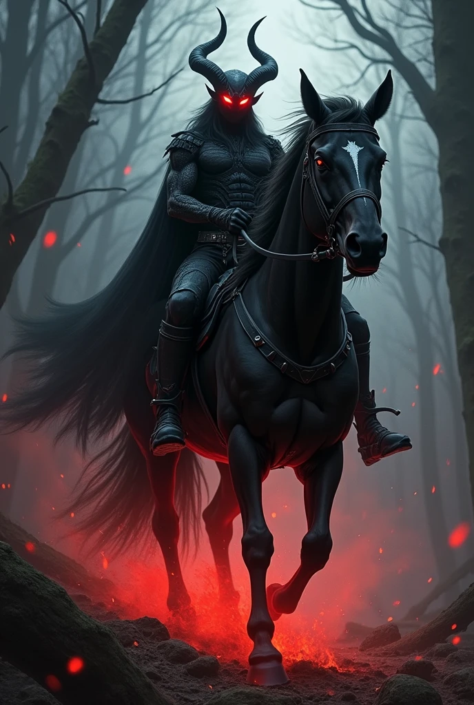 Dark fantasy hybrid hero demon and human riding a black horse from hell eye red like sage, at a dark forest full of predators, put a wording MERCYFULL FATE