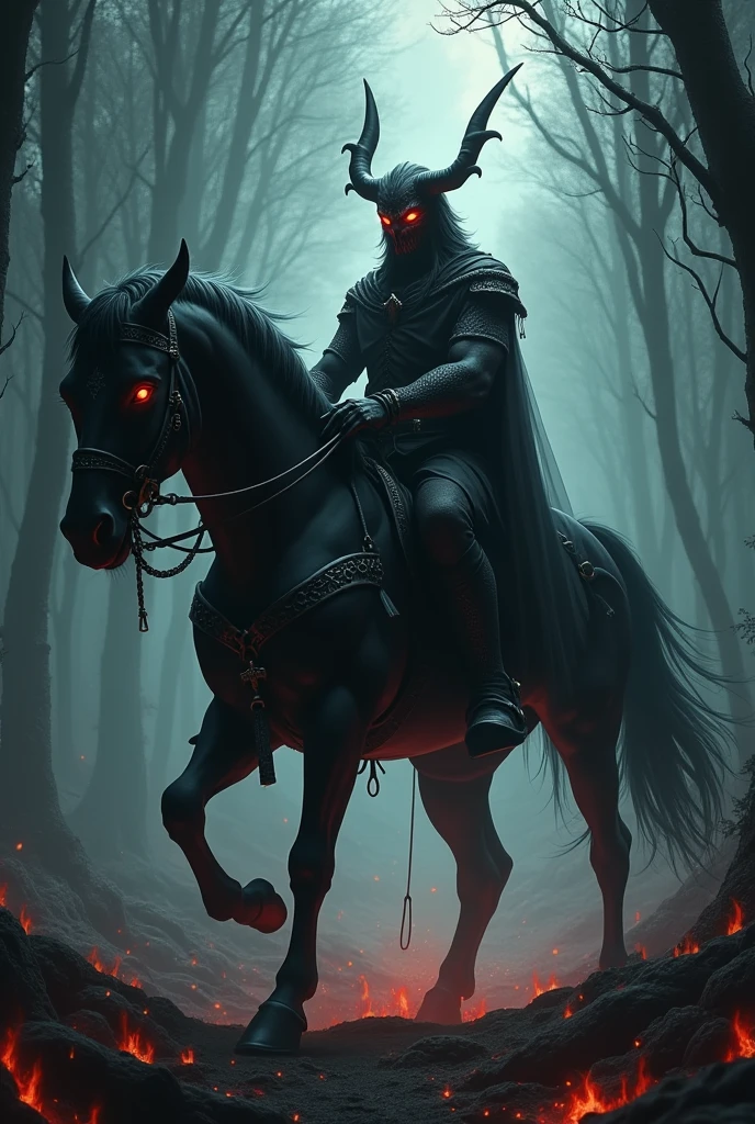 Dark fantasy hybrid hero demon and human riding a black horse from hell eye red like sage, at a dark forest full of predators, put a bloody gore and darkness style text "MERCYFULL FATE" At the background