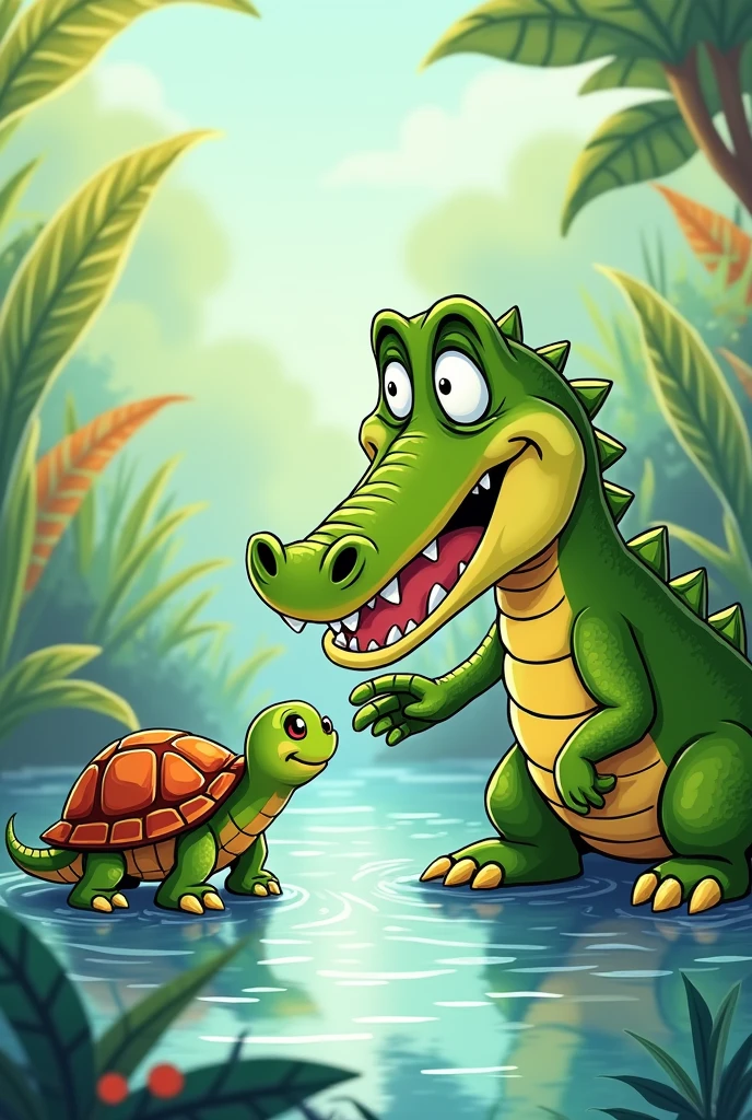 Crocodile eating with his hand to turtle in 2d cartoon