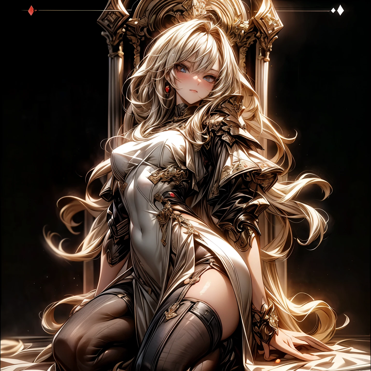 (best quality)), ((Masterpiece)), (details:1.4), 3d, HDR (high dynamic range), an image of a beautiful cyberpunk female, fantasy, Cyberpunk, Blonde hair, Long hair, Full body, Beautiful white eyes, จมูกโด่ง, ปากแดง, หน้าอกใหญ่, nvidia RTX, PBR surface, After processing, Anisotropic filtration,depth of field, Maximum clarity and clarity, multi-layered surface, Subsurface scattering, perfect proportions, 8K raw files, ultra detailed, Perfect proportions, soft lighting, Holy Knight, Heavy Silver Armor, Golden dress, glossy skin, intricate silver embroidery, Throne background, jewely, ต่างหู, นิ้วมือสมบูรณ์,