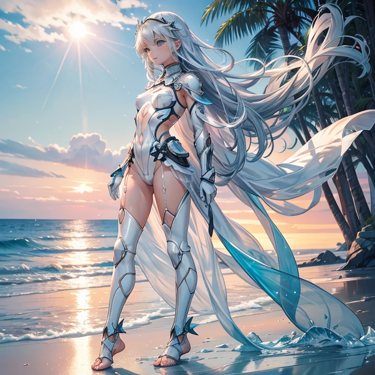 Gentle waves rise on the quiet beach at dawn, and a girl who reflects the soft pink and orange shades of the sun walks barefoot along the coastline. Beautiful girl, blueish silver hair, porcelain-like white skin, big beautiful eyes in deep blue, short stature, small bulging breasts, complex and artistic bodysuit in layered armor, extremely exposed skin, transparent weapons, ak Tib pose, distance where expressions are clearly visible, dramatic camera angle, diamond dust, ice tree, cold world, effective use of LoRA