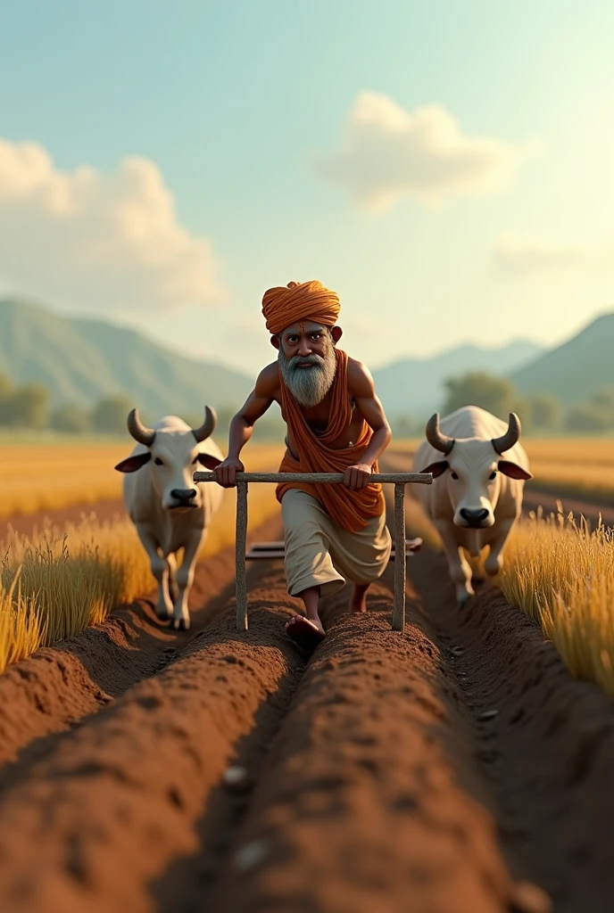 In 3d animation style "Ram Lal Plowing the Field**: Ram Lal, dressed in traditional farmer attire, is seen plowing his field with an old wooden plow pulled by oxen. His face shows determination despite the harsh conditions."
