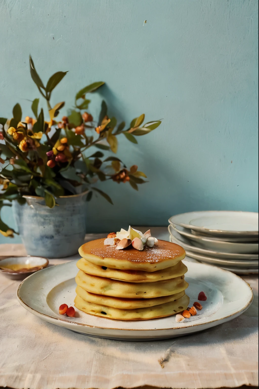 portrait of a single plate of a stack of pancakes see from eye level aligned to the middle of the composition. Warm, natural light illuminates the scene. single plate of delicious food on a table with white table cloth, seen from an eye-level perspective. soft natural light illuminating the food showing moist and delicious details. beautifully decorated with a neutral background. The bottom half of the image can be used for text or a label.
