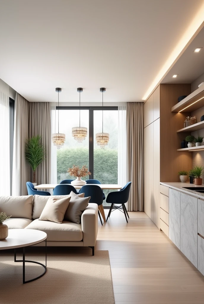 A living room integrated with the dining room, decorated in a modern and sophisticated way. In the living room, there is a light beige sofa with neutral tone cushions, next to a white coffee table on a beige rug. The dining room in the background has a white rectangular table surrounded by blue chairs.. Acima da mesa, three crystal chandeliers with an elegant design hang. The walls are covered in light wood, and the room is lit by lights built into the ceiling. The environment is welcoming, with light curtains on the windows in the background and an American kitchen on the right side with a gray marble counter and shelves with decorative plants