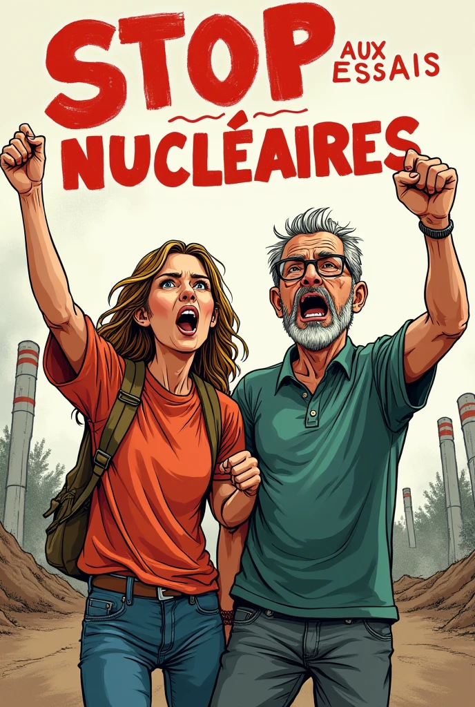Ce couple de 35 ans se mobilise contre les essais nucleaires.  Au fond un essai en style dessin. Ecrire " stop aux essais nucléaires"