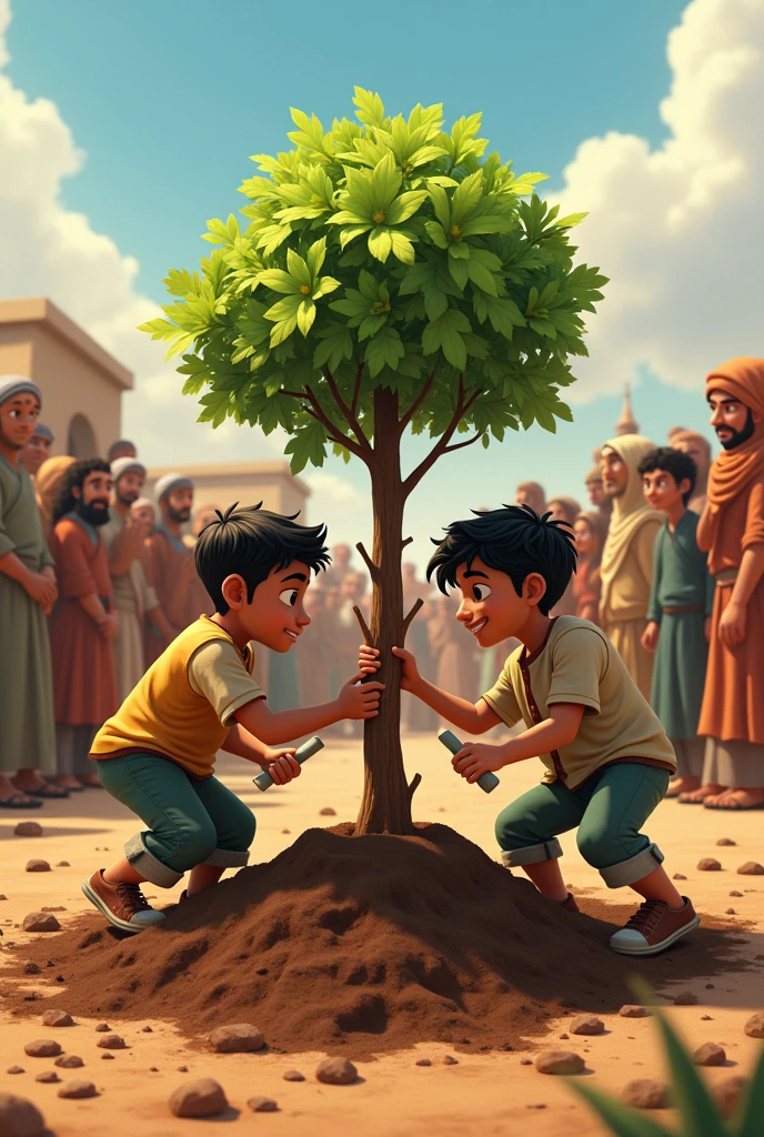 The Tree of Friendship
To symbolize the renewal of their friendship, Fiyaaz and Amjad plant a tree together in the center of the village. The scene shows them digging in the soil, working side by side, while the villagers gather around to witness the moment. The tree symbolizes their bond and the strength of the village they helped rebuild.
