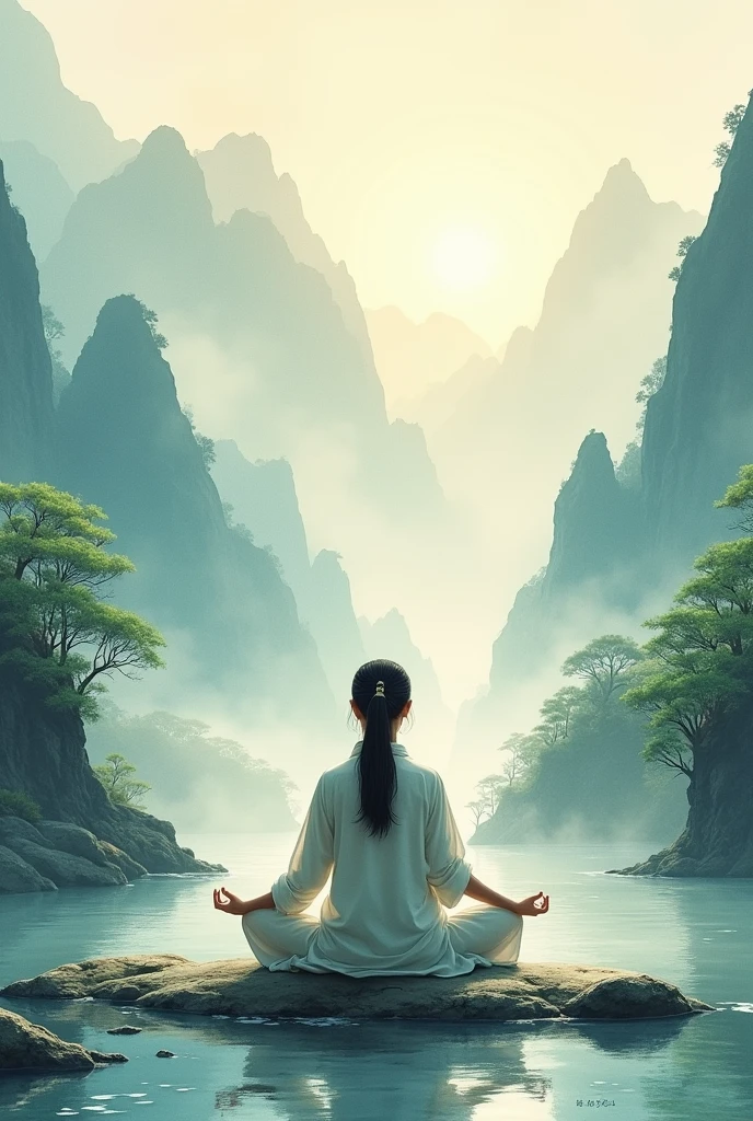 A soft light shines like a middle-aged Asian woman meditating devoutly，In the beautiful mountains and waters。 Chinese style，Watercolor
