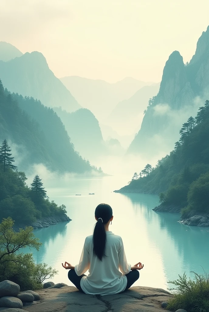 A soft light shines like a middle-aged Asian woman meditating devoutly,In the beautiful mountains and waters。 Chinese style,Watercolor