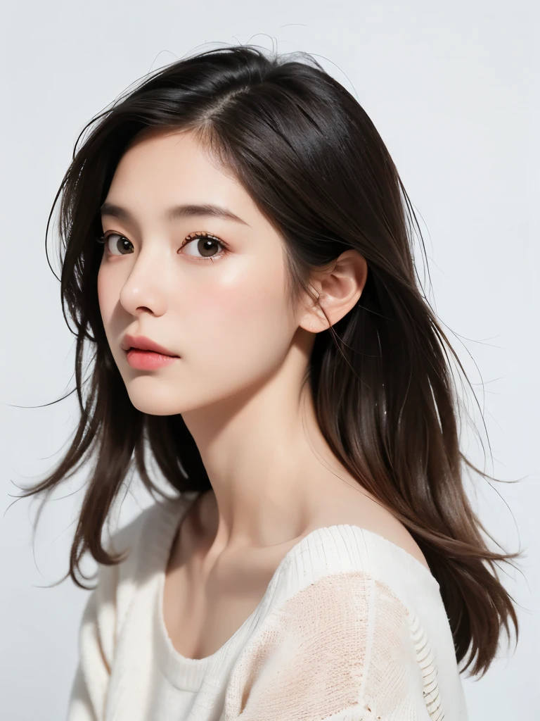 ultra high res, RAW photo, cute japanese women photos, whole body,long sleeve dress, ((brown straight long hair)), (upper half of body), (Take a photo from the back),Portrait,surface focus,sweater,indoor, white background,looking at the viewer, mix 4, (realistic Photoreal:1.37), 1 girl, cute, natural lighting, photon mapping, Physically based rendering, shortcut, short hair, Handsome, girly, (clean face), (Detailed facial description), (detailed description of handasseter muscle part), (Detailed CG), Rich details, (exquisite features), (detailed eye), looking forward to your eyes, delicate clavicle, Versatile poses, profile, white wall, Spring clothes, Don, (photorealistic:1.4), From above, best quality, masterpiece
