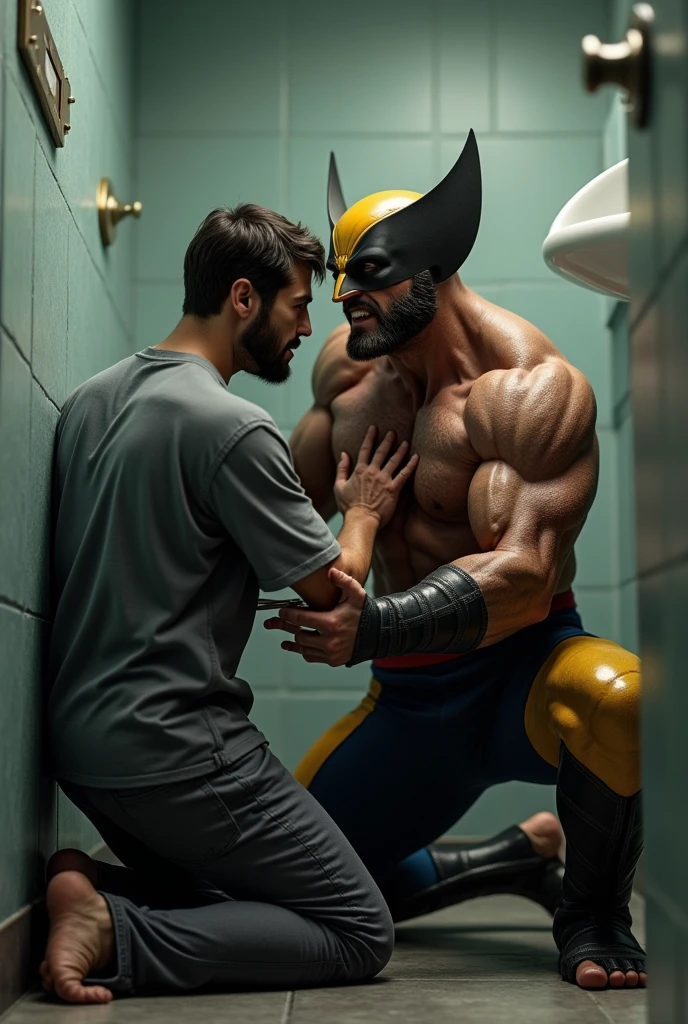 In the bathroom, a man knelt down and grabbed worlverine's chest
