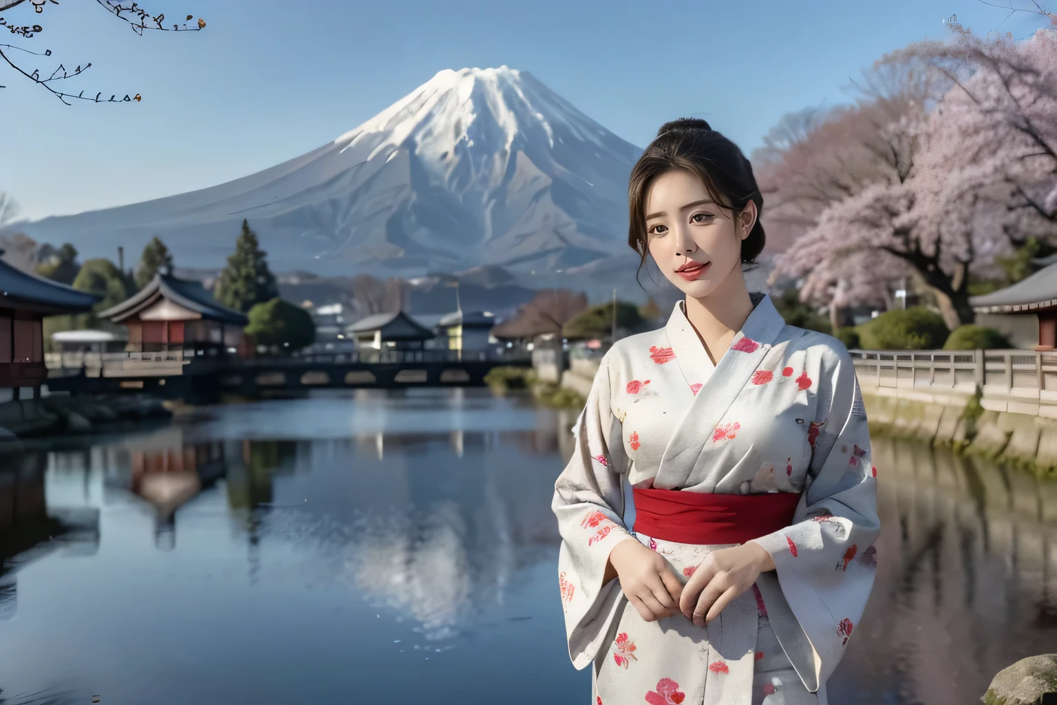 Create a photorealistic illustration featuring a mature woman with a Japanese hairstyle, standing gracefully under a cherry tree in Kyoto with Mount Fuji visible in the background. She has broad shoulders and is wearing a beautiful, detailed, long-sleeved red kimono. The woman is smiling softly, exuding confidence and elegance, while light snow falls around her, creating a serene morning atmosphere. The style should reflect a vintage pin-up art aesthetic, with a focus on high-quality, high-resolution details. The overall composition should evoke the charm and allure of 1950s pin-up art while maintaining a modern, refined look.