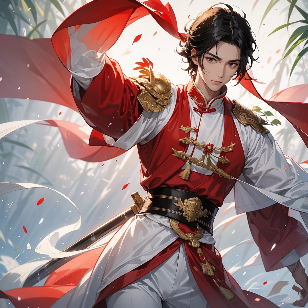 a Handsome black-haired male holding a large sword in white ancient Chinese costume, the red-white is a lush green bamboo forest. the air after rain has water droplets splashing around. close up.