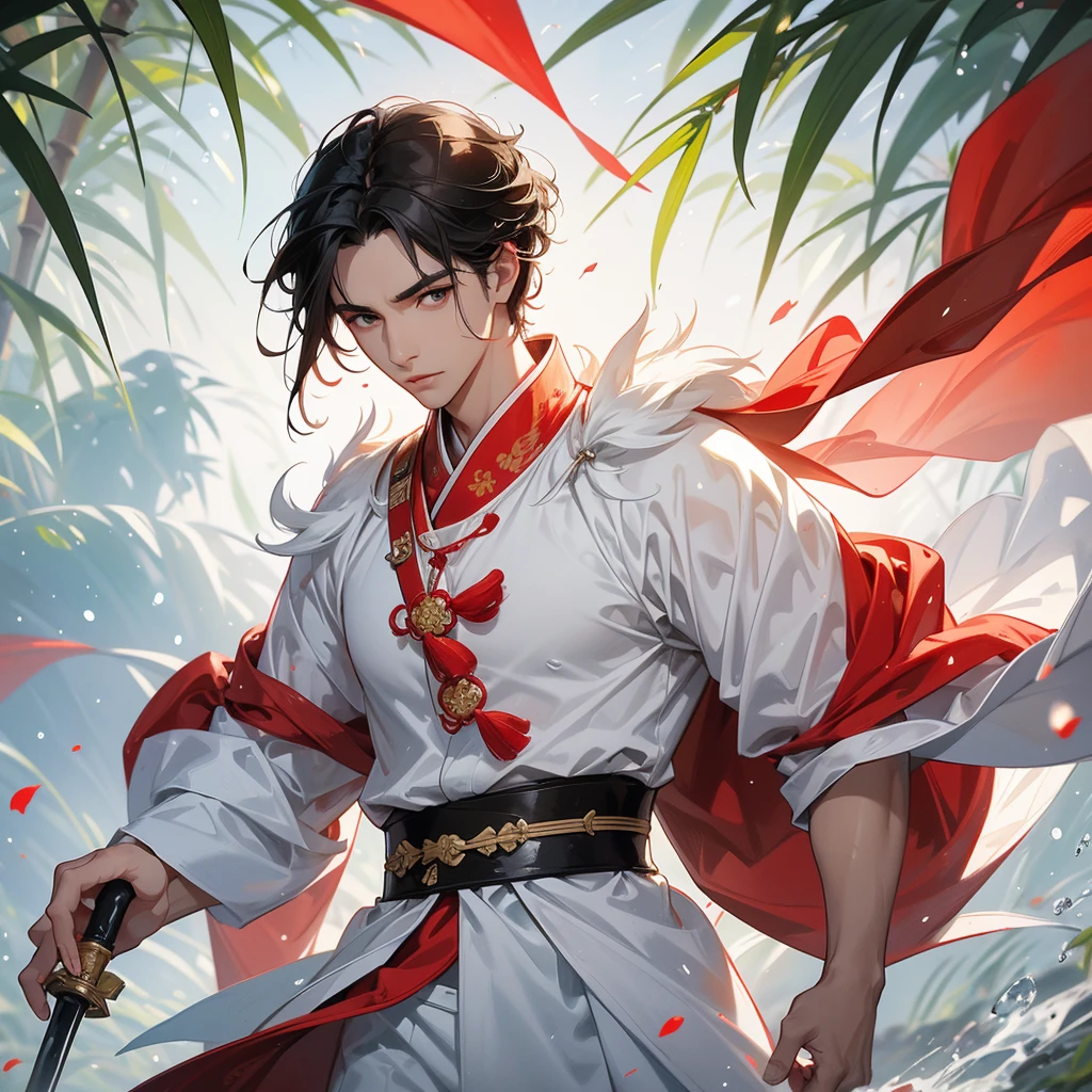 a Handsome black-haired male holding a large sword in white ancient Chinese costume, the red-white is a lush green bamboo forest. the air after rain has water droplets splashing around. close up.