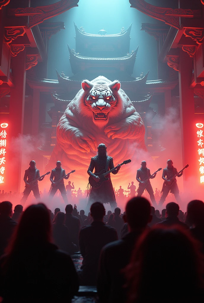 Chinese mythology，Land Gong，Tiger Master，Mazu，Guan Gong，rock band，concert stage，nightclub lighting，temple background，Night，A crowd，detail，Surreal，rock style，masterpiece，8K wind resolution，overclocked renderer，