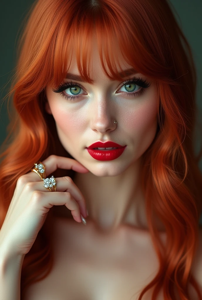 close-up, extreme close-up, close-up portrait, portrait, close-up on her lips, ultra realistic, photography, long straight red hair, (30 years old, green eyes, hourglass figure, perfect body, natural medium breasts), firtatious look, glossy shiny red lipstick, femme fatale, she is a sex icon, she is a sex goddess, long eyelashes, cat-eye make-up, focus on her eyes, highlight her lips, she has her hands on her neck and her head slightly leans backwards, her eyes focus the camera and her lips are slightly parted, wearing diamond jewelry