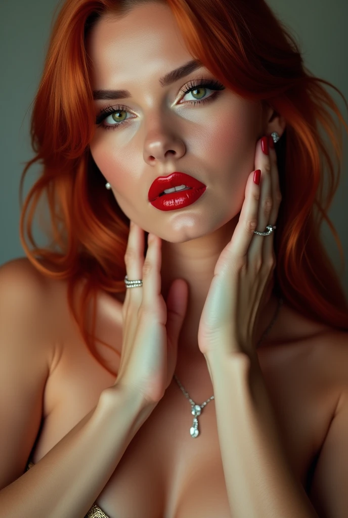 close-up, extreme close-up, close-up portrait, portrait, close-up on her lips, ultra realistic, photography, long straight red hair, (30 years old, green eyes, hourglass figure, perfect body, natural medium breasts), firtatious look, glossy shiny red lipstick, femme fatale, she is a sex icon, she is a sex goddess, long eyelashes, cat-eye make-up, focus on her eyes, highlight her lips, she has her hands on her neck and her head slightly leans backwards, her eyes focus the camera and her lips are slightly parted, wearing diamond jewelry