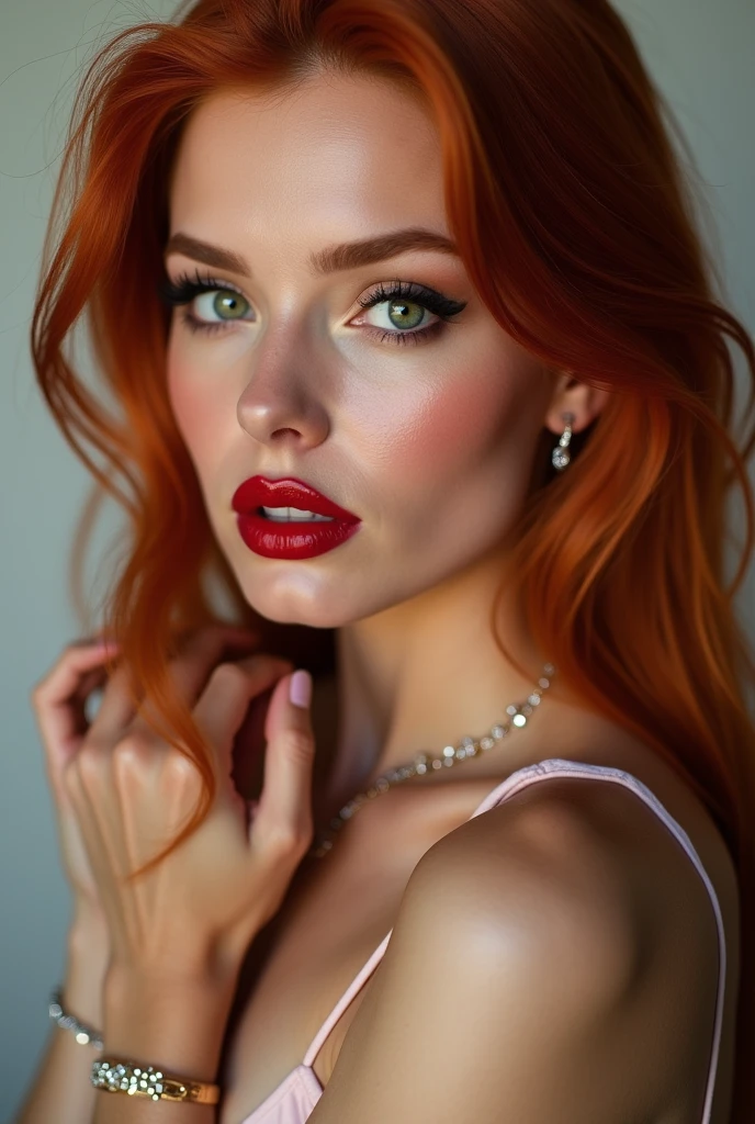 close-up, extreme close-up, close-up portrait, portrait, close-up on her lips, ultra realistic, photography, long straight red hair, (30 years old, green eyes, hourglass figure, perfect body, natural medium breasts), firtatious look, glossy shiny red lipstick, femme fatale, she is a sex icon, she is a sex goddess, long eyelashes, cat-eye make-up, focus on her eyes, highlight her lips, she has her hands on her neck and her head slightly leans backwards, her eyes focus the camera and her lips are slightly parted, wearing diamond jewelry