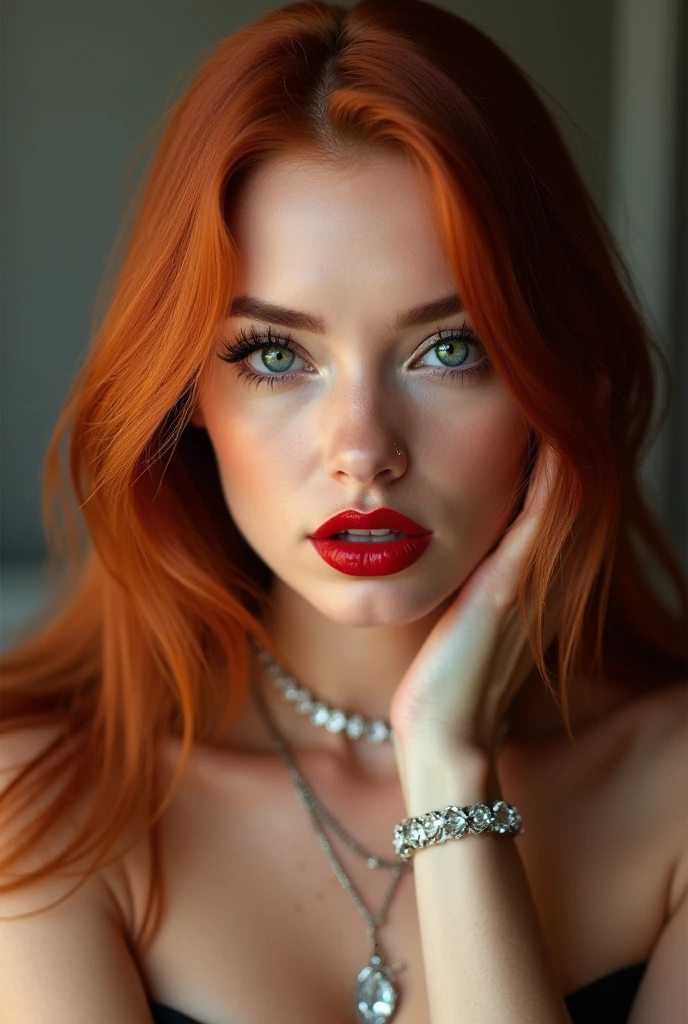 close-up, extreme close-up, close-up portrait, portrait, close-up on her lips, ultra realistic, photography, long straight red hair, (30 years old, green eyes, hourglass figure, perfect body, natural medium breasts), firtatious look, glossy shiny red lipstick, femme fatale, she is a sex icon, she is a sex goddess, long eyelashes, cat-eye make-up, focus on her eyes, highlight her lips, she has her hands on her neck and her head slightly leans backwards, her eyes focus the camera and her lips are slightly parted, wearing diamond jewelry