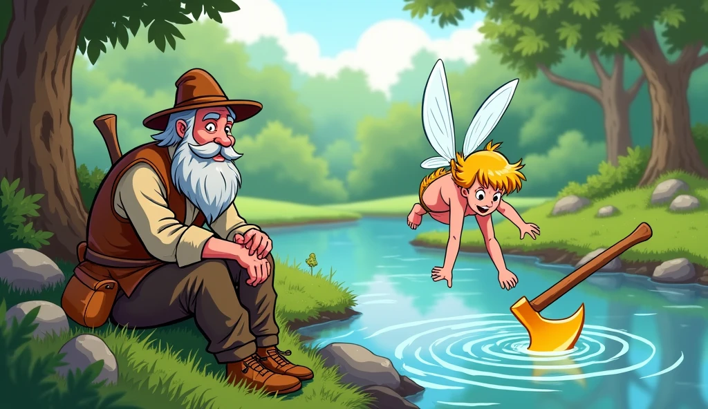 Poor woodcutter sit on the bank of river and fary go in to water She dived into the river and brought up a golden axe cartoon 
