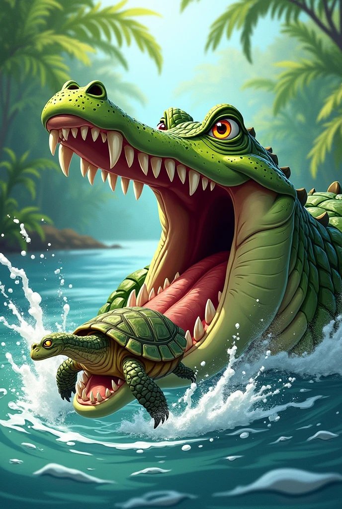 Crocodile eating in mouth to turtle in 2d cartoon 