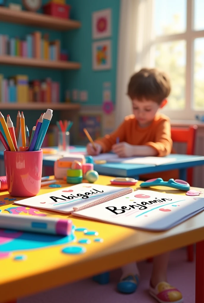 Student desk with bright colors and writing ABIGAIL AND BENJAMIN