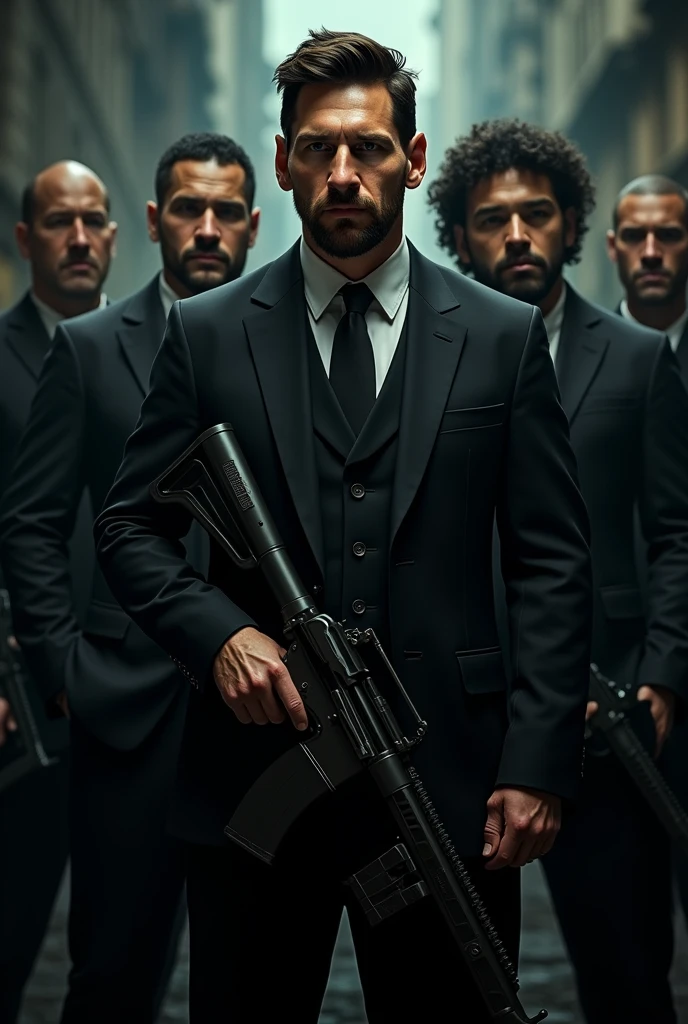 Messi is a gangster wearing black dress with a big gun with some men.They also wearing black dress.