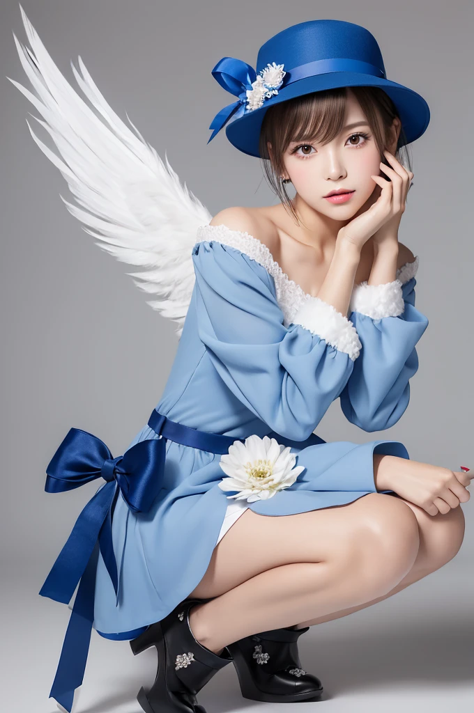 Uekura, One girl, Blonde, White Background, Have, dress, Blue footwear, wing, Simple Background, sign, flower, Manicure, Wide sleeves, Long sleeve, blush, animal, white flower, alone, whole body, bird, View your viewers, High heels, Put your hand on your cheek, put your hand on your face, Frills, bow, bangs, ribbon, Bell, Blue hat, +_+, shoes下, short hair, Grey Eyes, shoes, Blue Claws, feathered wing, blue bow