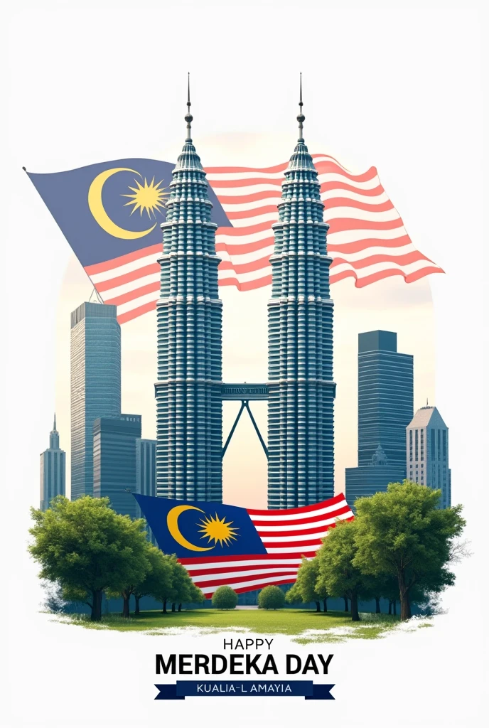 Klcc , Malaysia flag , trees ,white background and a text for merdeka day